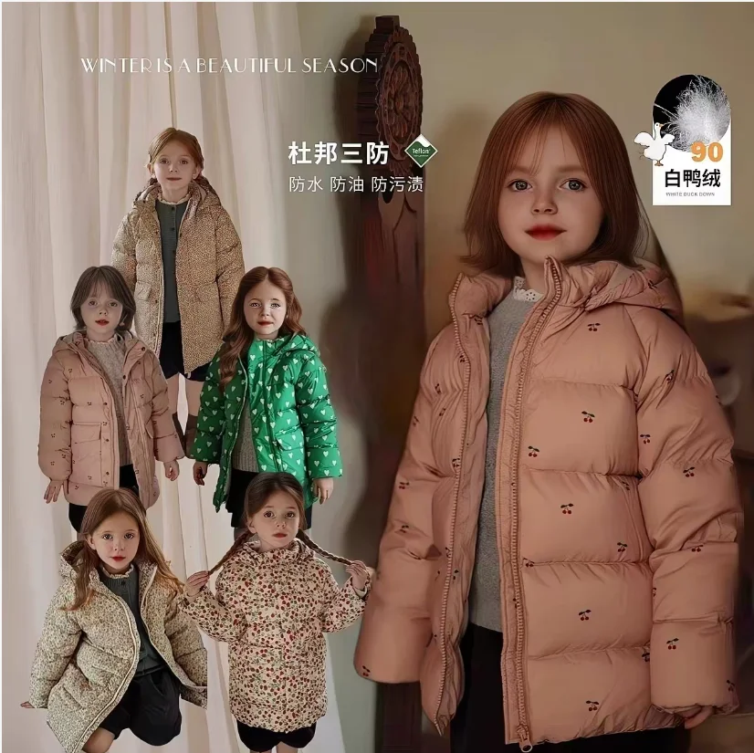 Kids Down Jacket 2026 Winter Pink Cherry Fashion Girls Hooded Jacket White Duck down Warm Waterproof Windproof Girls Down Jacket