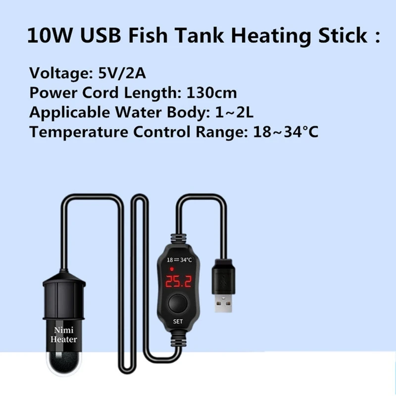Varilla calefactora para acuario, calentador de tanque de peces, Mini calentador de termostato sumergible con carga USB, temperatura ajustable 18-34 ℃