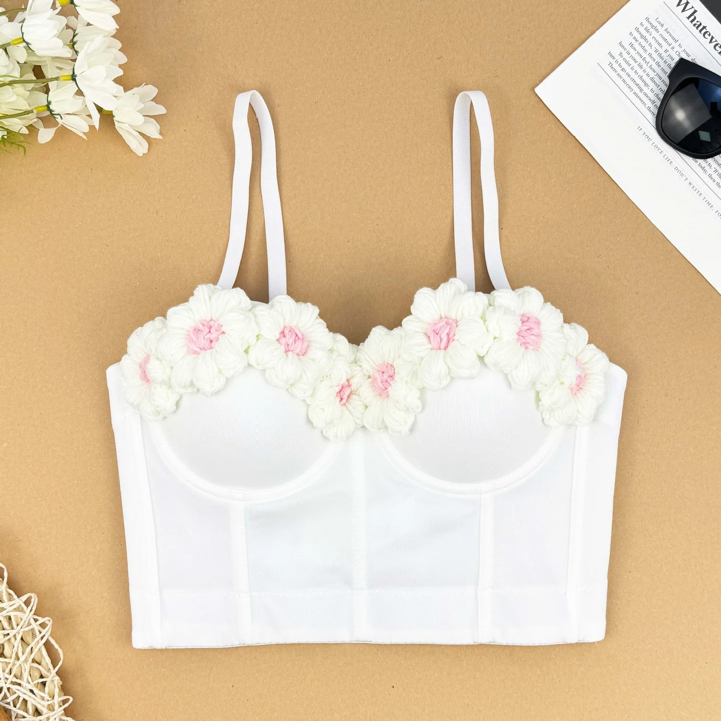 

customized women's adult pink style knitted outer corset crocheted floral decoration design inner fishbone bra camisole vest