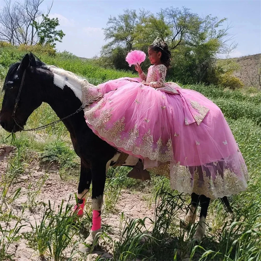 Customized Wedding Tulle Gold Appliques Full Sleeves Pink Flower Girl Dress For Princess First Communion Formal Occasion Gown