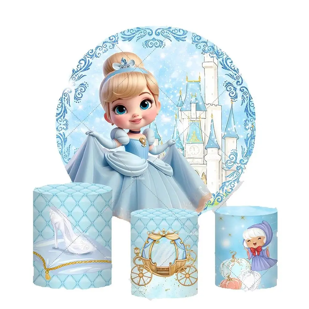 سندريلا الأميرة دائرة مستديرة خلفية الأزرق القلعة الفتيات استحمام الطفل خلفية النقل الجدول غطاء اسطوانة لافتة الحفلات