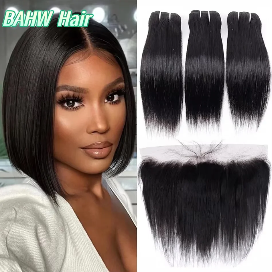 Straight Hair Bundles With 13x4 Lace Frontal 8-16 inch 100% Chinese Virgin Human Hair 3/4 Bundles With Frontal Natural Color