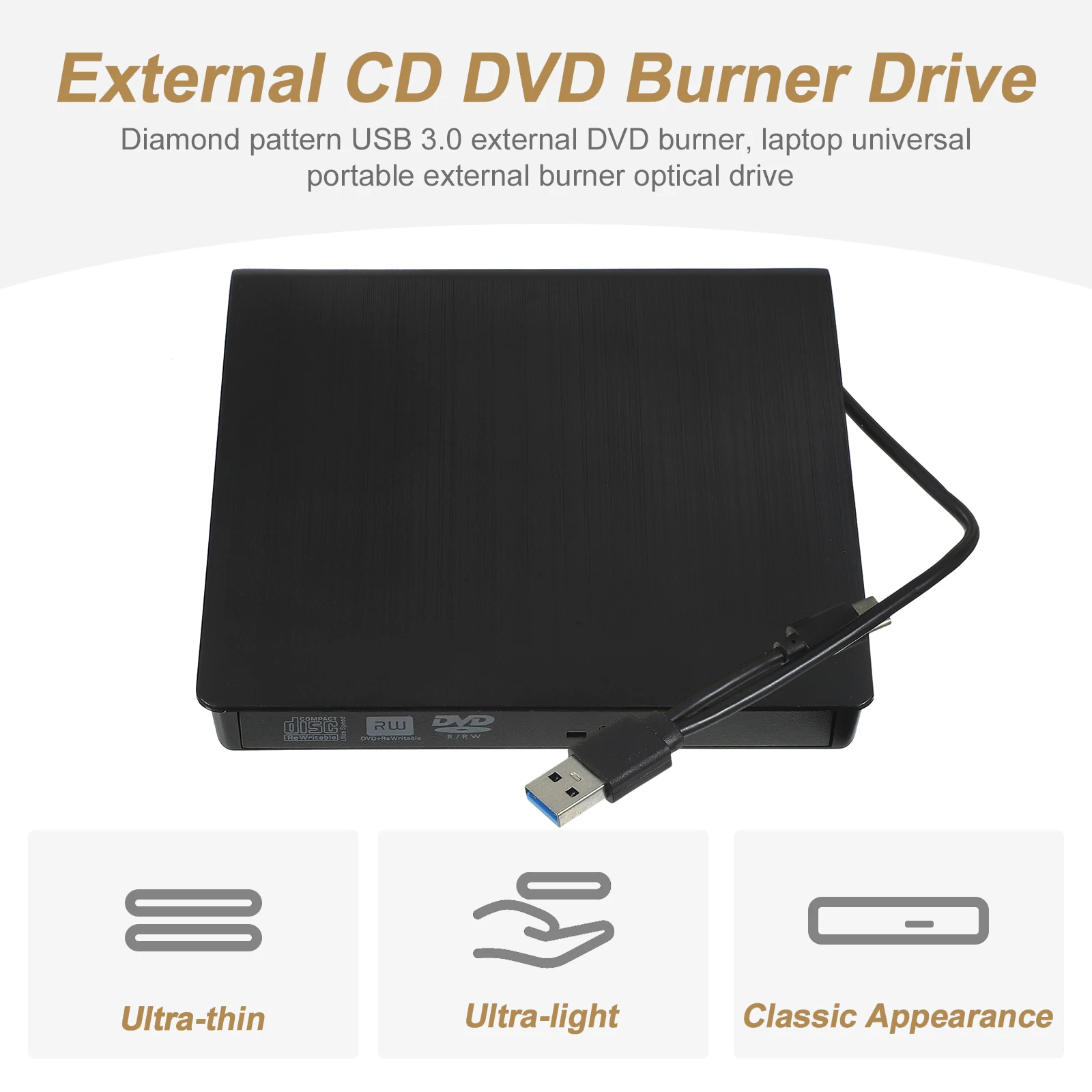 

Dual Interface Black Portable External Optical Drive USB-C DVD Player CD Burner for Computer Stable Performance Fast Reading