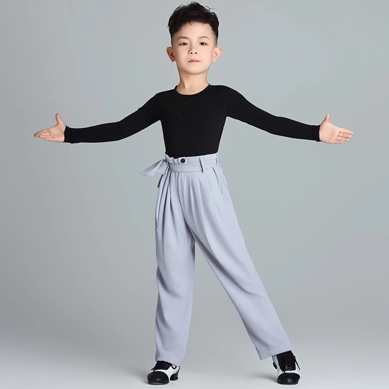 

Boys Latin Dance Clothes Black Tops Gray Pants Long Sleeves Training Practice Wear Perform Competition Clothing Suit DNV22941