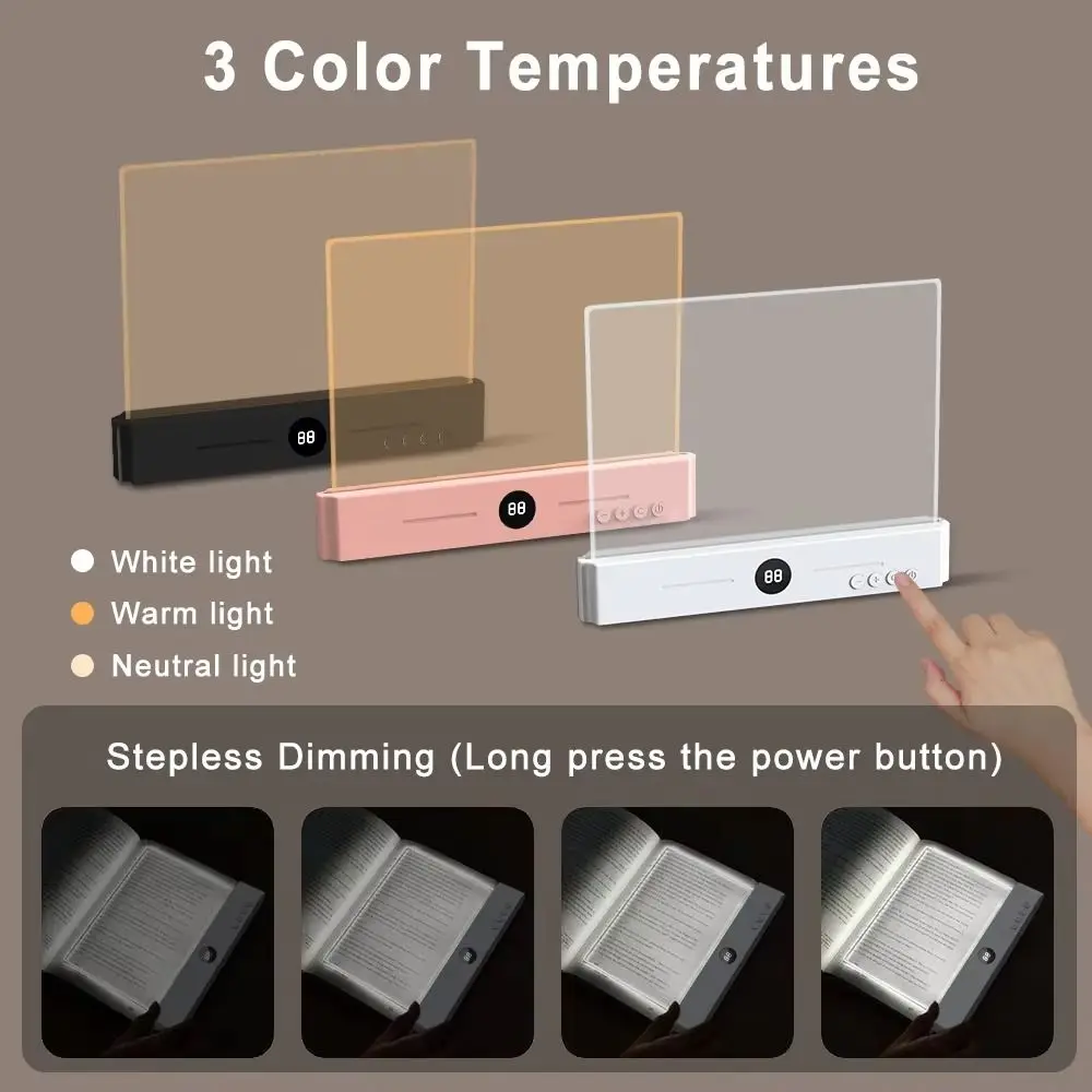 Portable Rechargeable LED Book Light Flat Panel Dimmable Flat Reading Light Transparent Eye Protection Clear Night Light Library