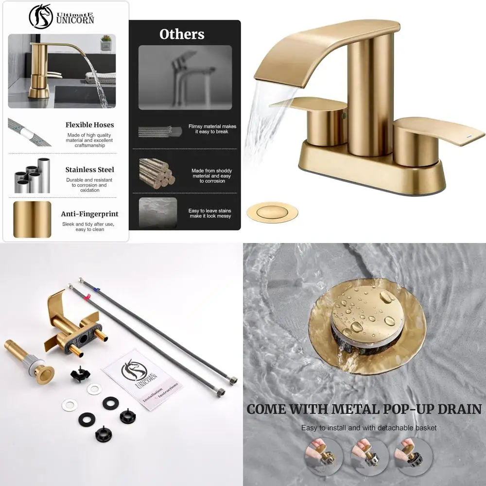 صنبور حوض برونزي شامبانيا 4 سنترات مع مقبضين واستنزاف منبثق لمركبات الترفيهية، مناسب لثقوب 3 أو 2 فتحتين #1