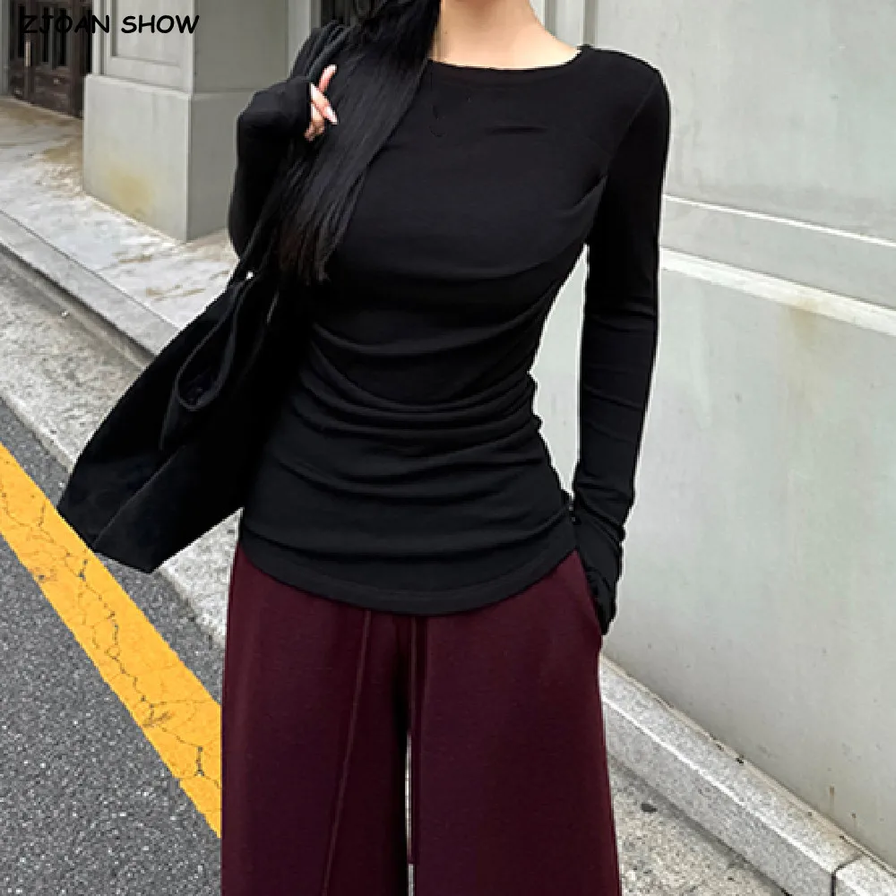 

Новая весенне-осенняя футболка с круглым воротником и длинными рукавами, женские обтягивающие эластичные футболки с рюшами и тонкой талией, укороченные блузки для йоги, женские топы