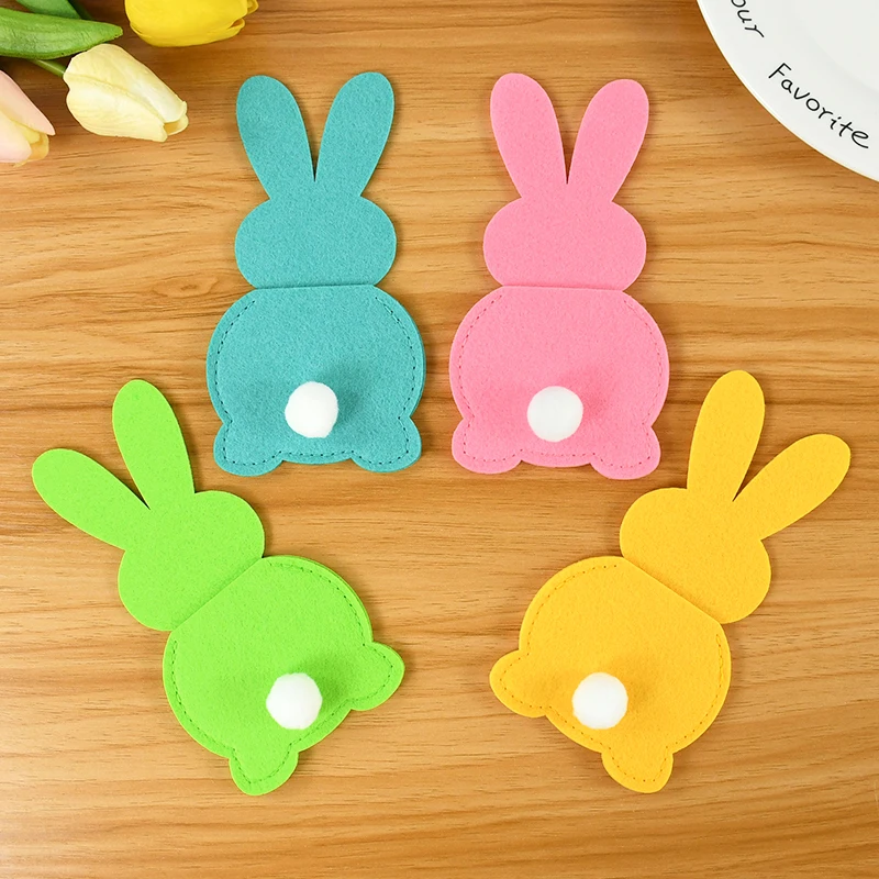 4Pcs Easter Knife Fork Holder Bags Felt Rabbit Cutlery Cover 2024 Happy Easter Decoration For Home Kids Birthday Party Tableware