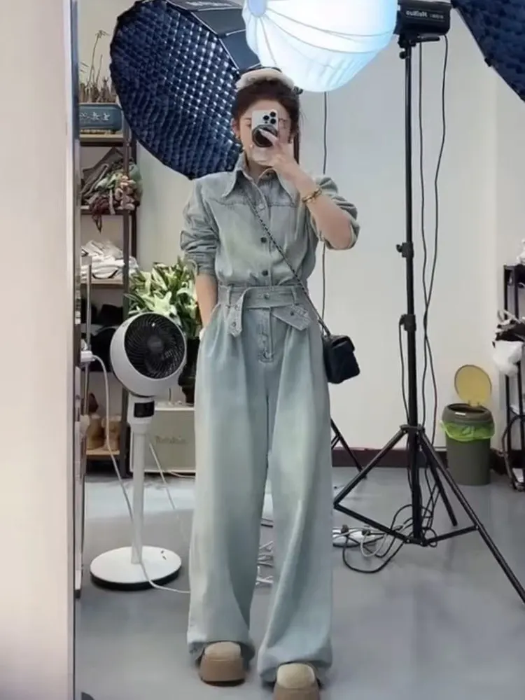 

Весна 2025: Новый модный женский джинсовый комбинезон с широкими брюками, утягивающий, с высокой талией, повседневный, с длинными рукавами