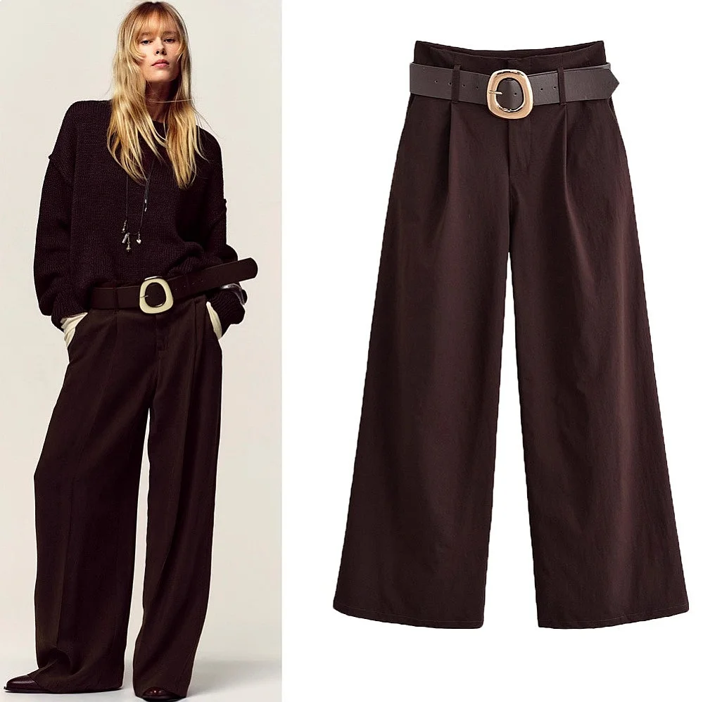 Women's Retro Brown Wide Leg Pants, Casual Loose Trousers for Spring Summer, High Waist Palazzo Pants