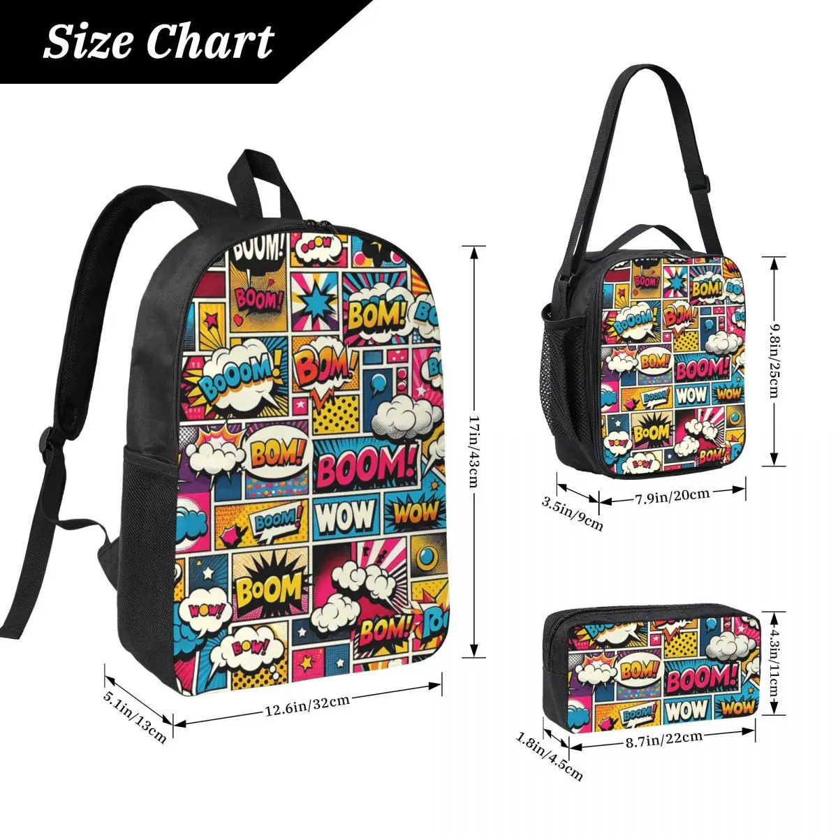 Comic Book Bang Pattern Backpack Student Boys Girls BookBag School Bag Laptop Shoulder Bags 3ps Insulated Lunch Bag Pencil Case