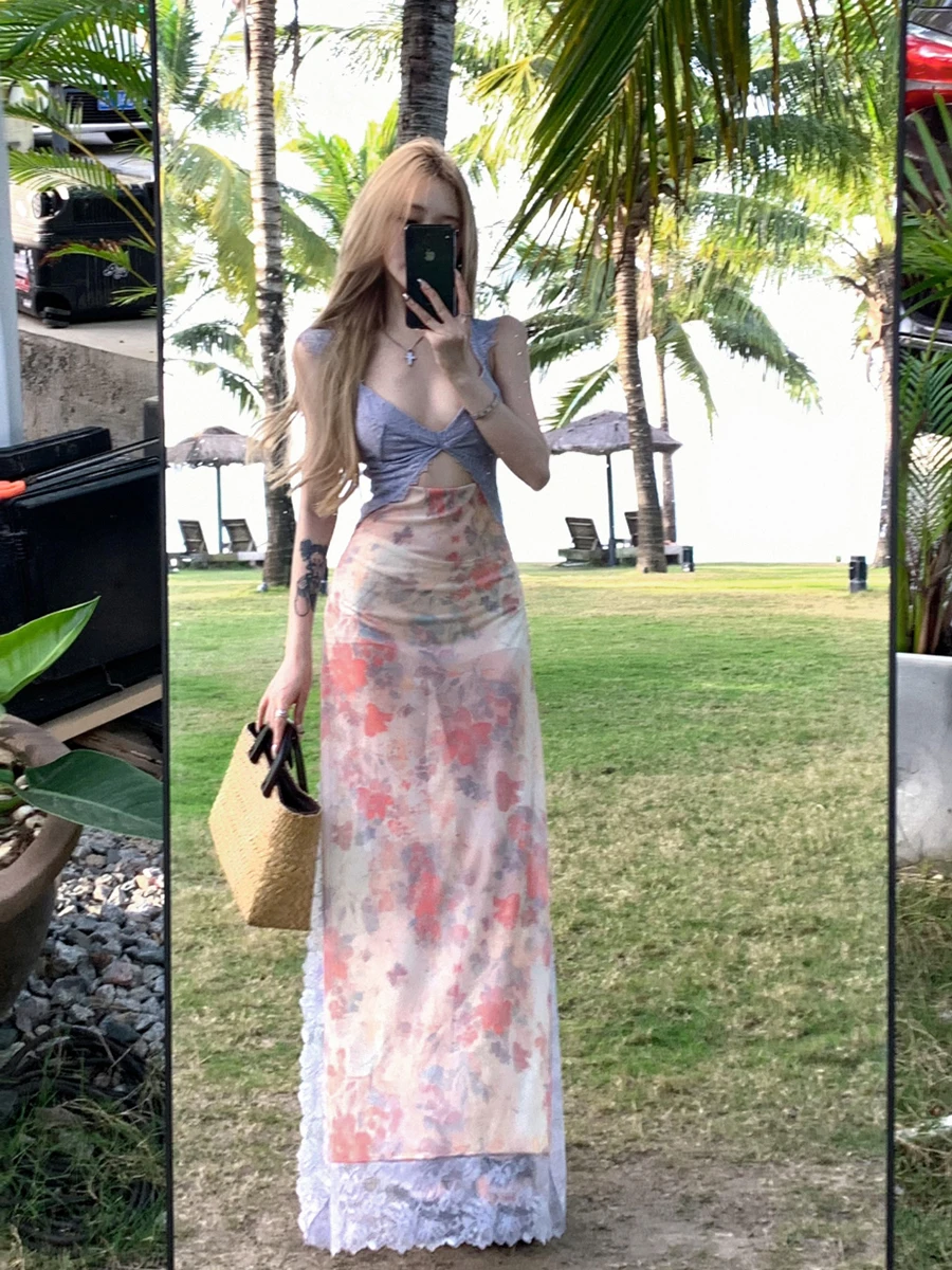 Reddachic feminino sexy corte maxi vestido longo fino voar mangas ponto renda vestido floral romântico dia dos namorados roupas de verão