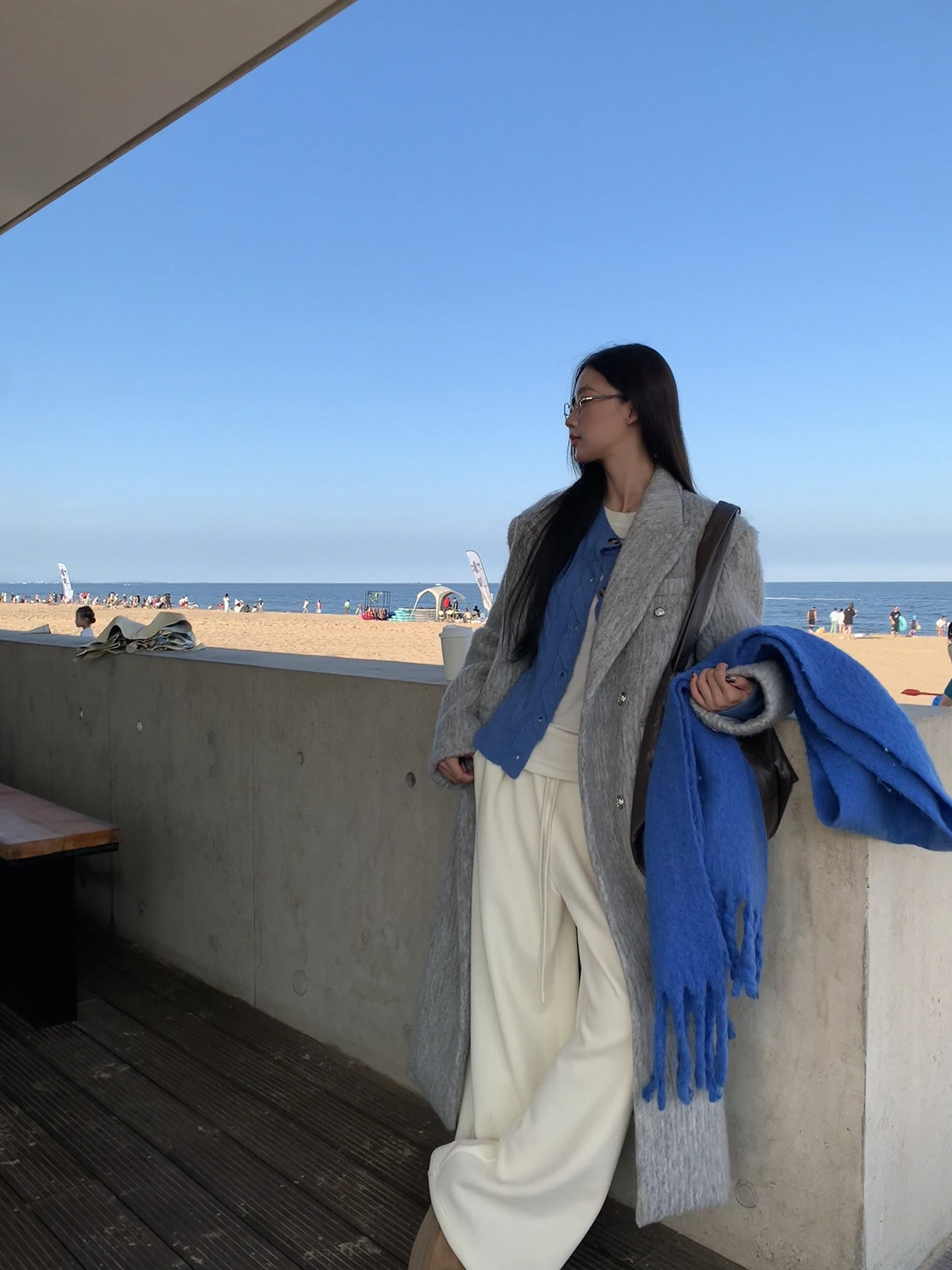 Długi płaszcz wełniany damski G Sle na zimę, elegancki, super piękny, dzianinowy, do pracy, o prostym kroju.