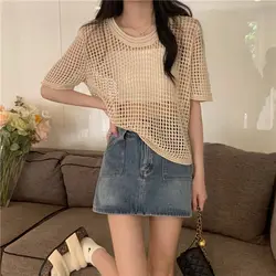 Yasuk Zomer Casual Dames Losse Vrouwelijke Zachte Uitgeholde Top Gebreide Pullover Blouse Korte Mouw Trui Bohemian Vakantie