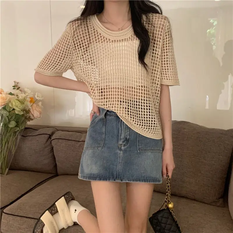 Yasuk Summer Casual Women's Loose Female Gentle Hollow Out Top Knitted Pullover Blouse Short Sleeve Sweater Bohemian Vacation