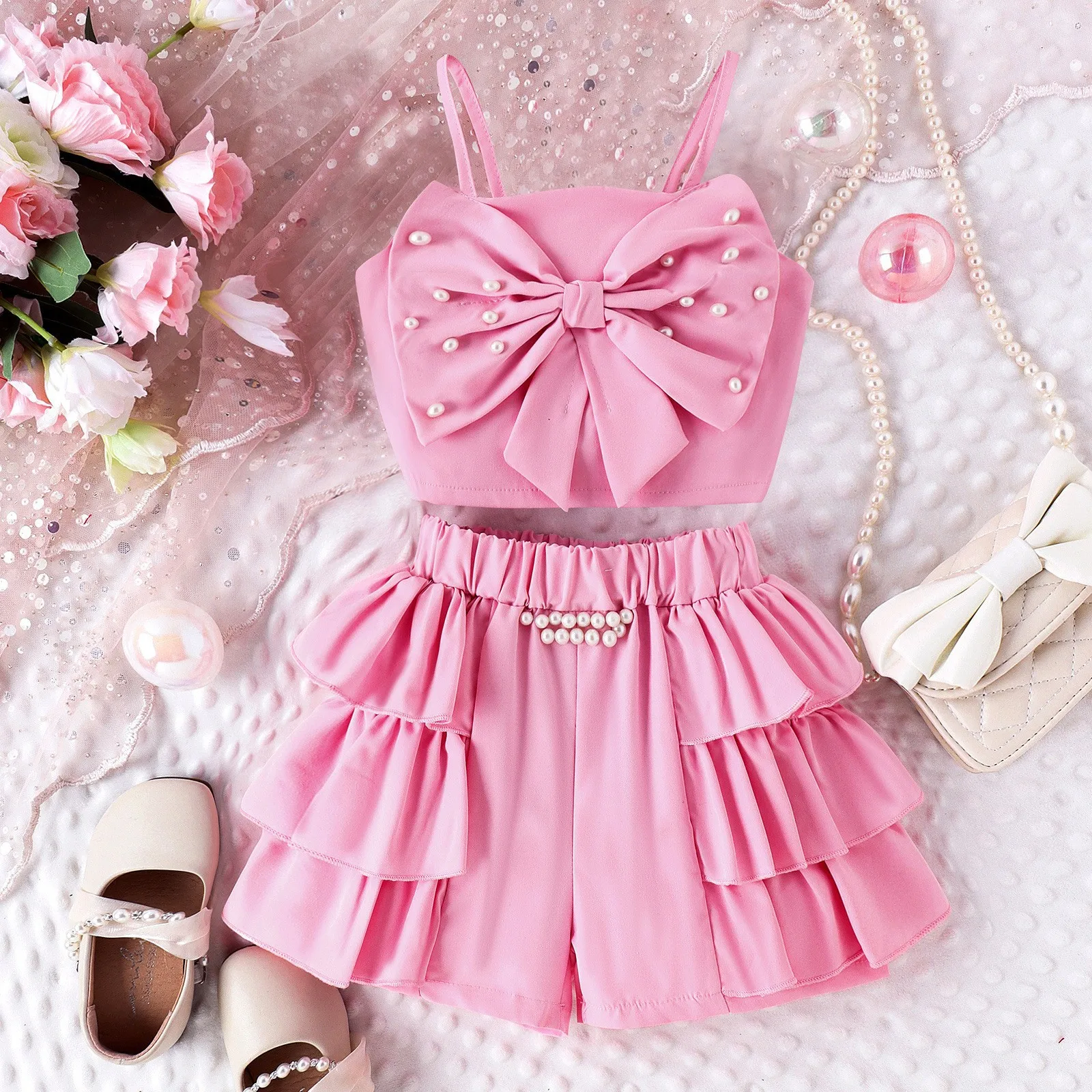 

New 2024 Summer Girls Clothes Sets Kids Sleeveless Solid Beading Bow Sling Crop Tops + Ruffles Shorts Girls Fashion Clothing