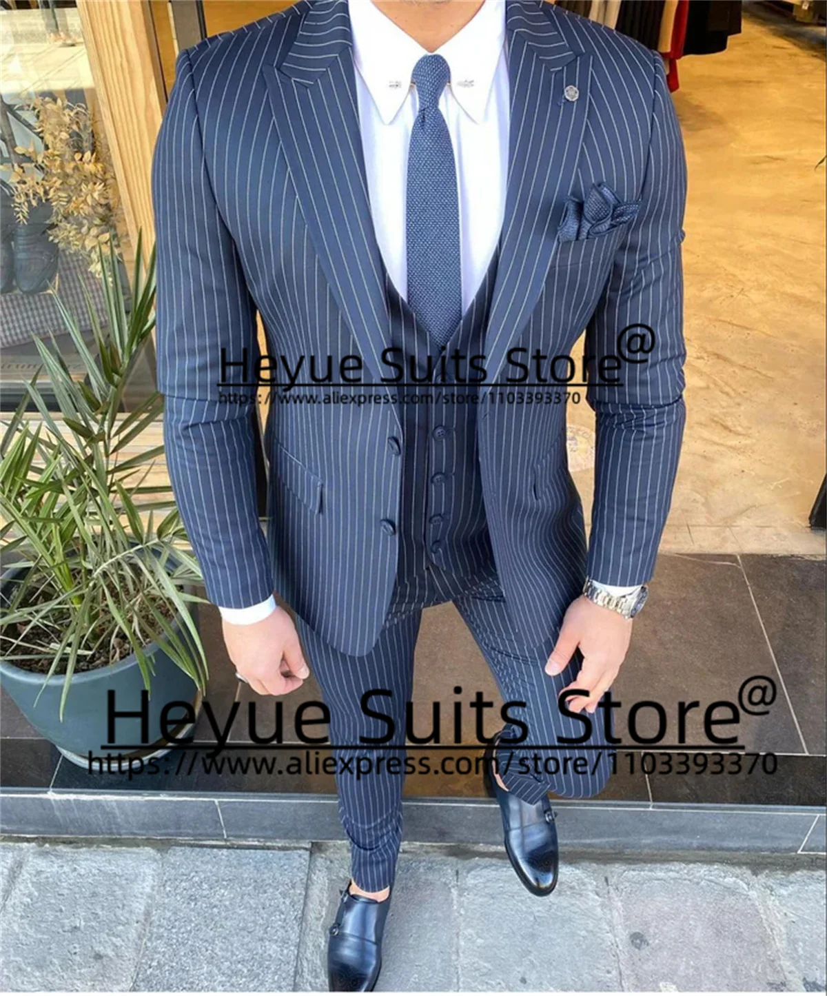 

Handsome Navy Blue Stripe Plus Size Suit Men Custom Made Peak Lapel Groom Prom 3 Pieces Sets Business Male Blazer Costume Homme