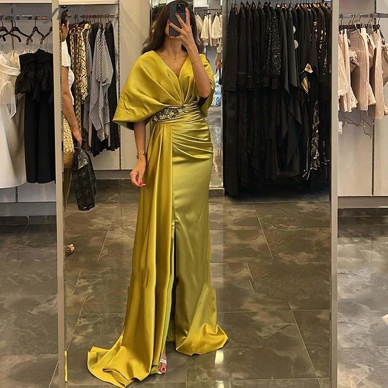 

Luxury Satin Long Saudi Arabic Evening Dresses Side Split With Drape Train Prom Gowns Beads Belt V Neck Half Sleeves Prom Dress