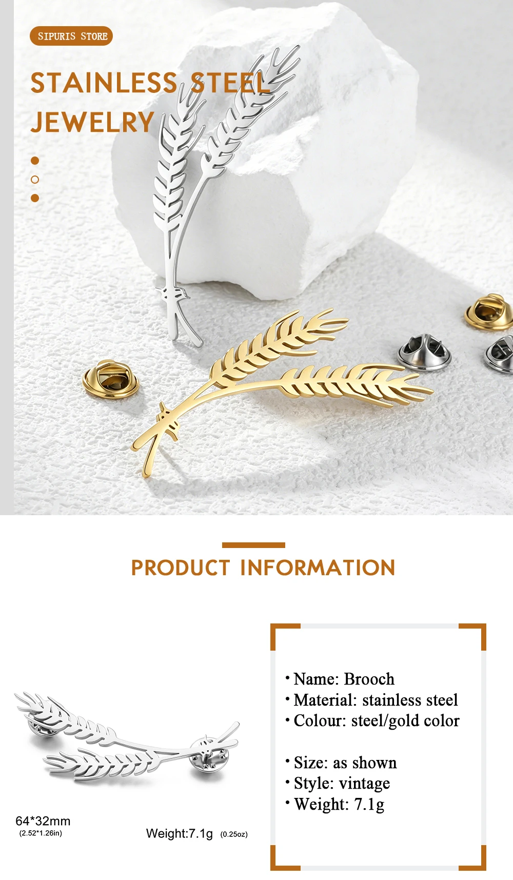 Sipuris Weizenähren-Grafik-Pin-Brosche für Damen und Herren, Edelstahl, trendige, lustige Pflanzen-Charm-Brosche, Schmuckgeschenke, Großhandel – Detail 5