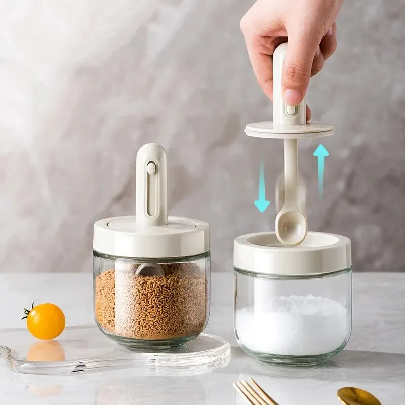 Botella de vidrio para condimentos de cocina con cuchara retráctil, caja de almacenamiento de sal multifuncional a prueba de fugas y humedad, 1 ud.