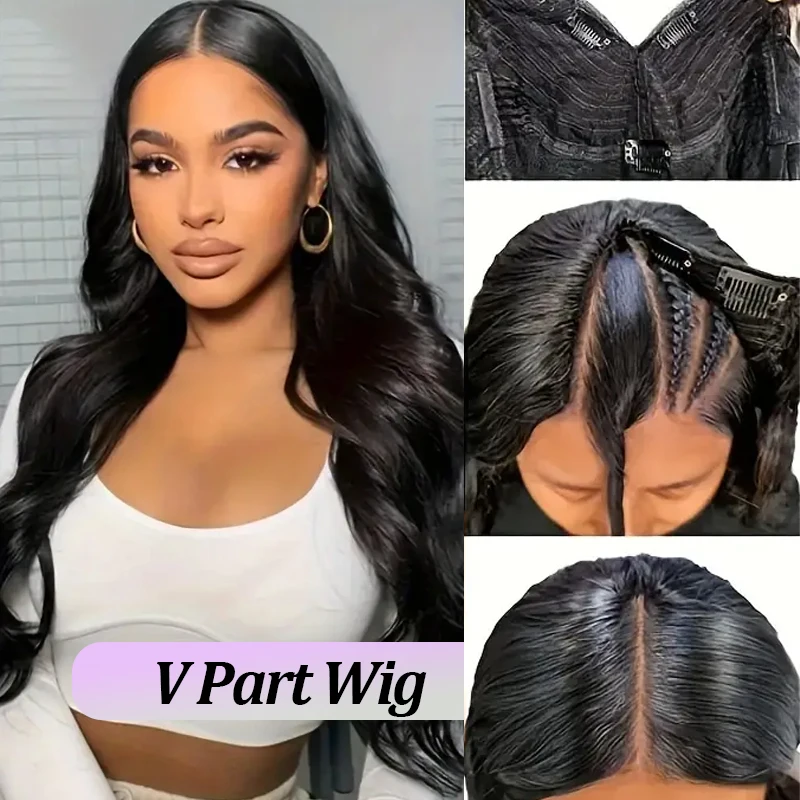 30인치 V자형 가발 인모 바디 웨이브 가발 업그레이드 U자형 가발 인모 글루리스 클립인 하프 가발 V자형 가발 내추럴 블랙