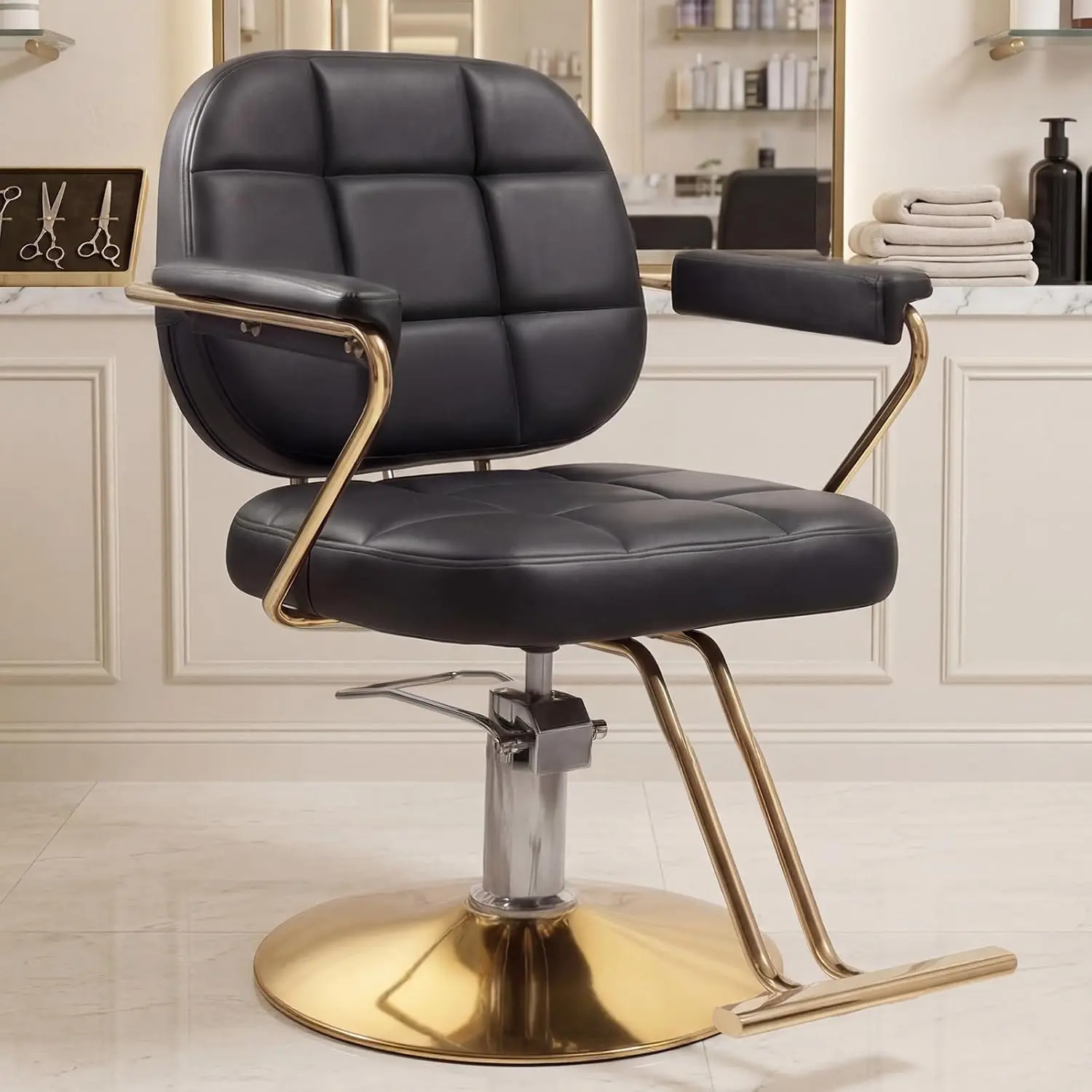 Black & Golden Hydraulic Barber Chair Swivel Adjustable All Purpose Styling Chair for Salon Barbershop Home Spa, Customized