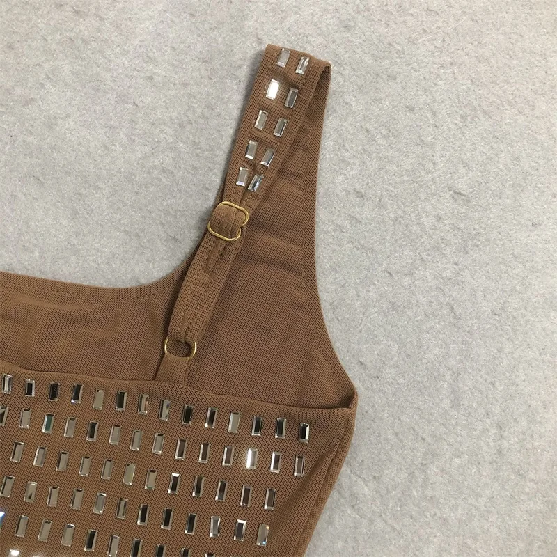 فستان حفلة موسيقية بكريستال بني مثير مخطط بدون أكمام أنيق طويل للحفلات والعطلات الرسمية وحفلات الزفاف وأعياد الميلاد والمكتب للسيدات