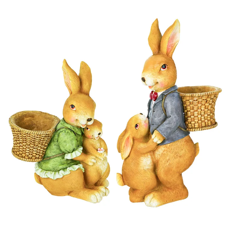 Creative Resin Rabbit Statue Simulation Bunny Family Flowerpot Craft Ornaments Yard Garden Outdoor Sculpture Easter Decorations