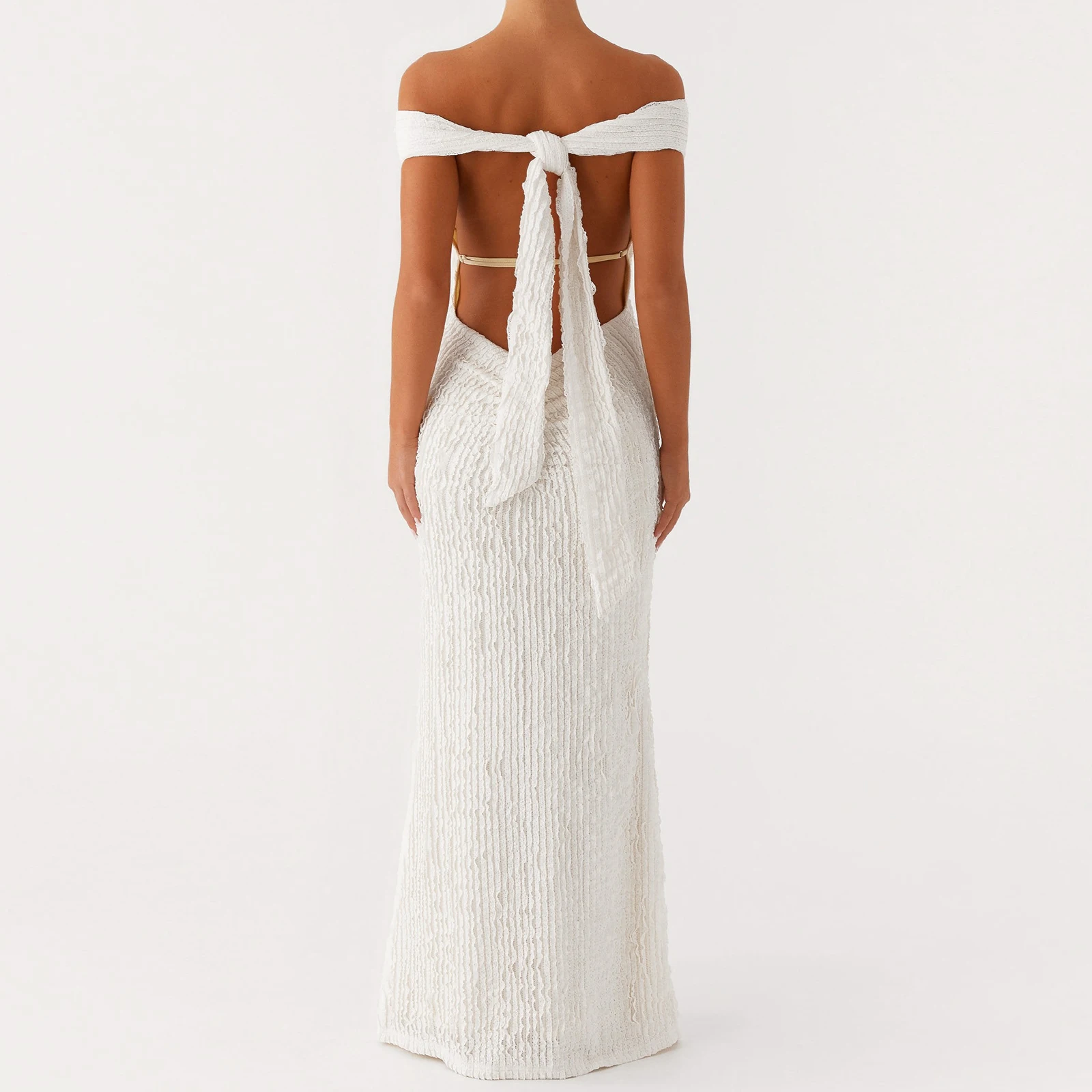 

Women's Summer Sexy Bodycon Long Dresses Fashion Off Shoulder Tie Back Solid Color Slim Fit Party Cocktail Dress