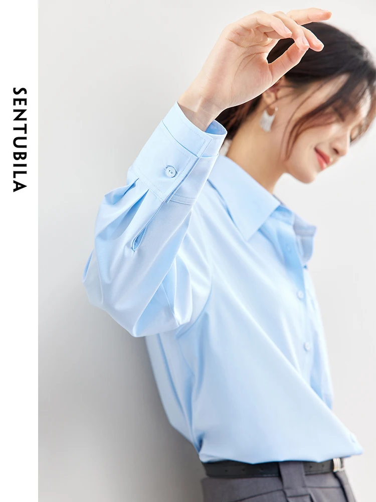 SENTUBILA Simple Loose Button Up Long Sleeve Tops Blouse 2024 Spring Solid Casual Polo Collar Shirt Women Clothing 141C53199