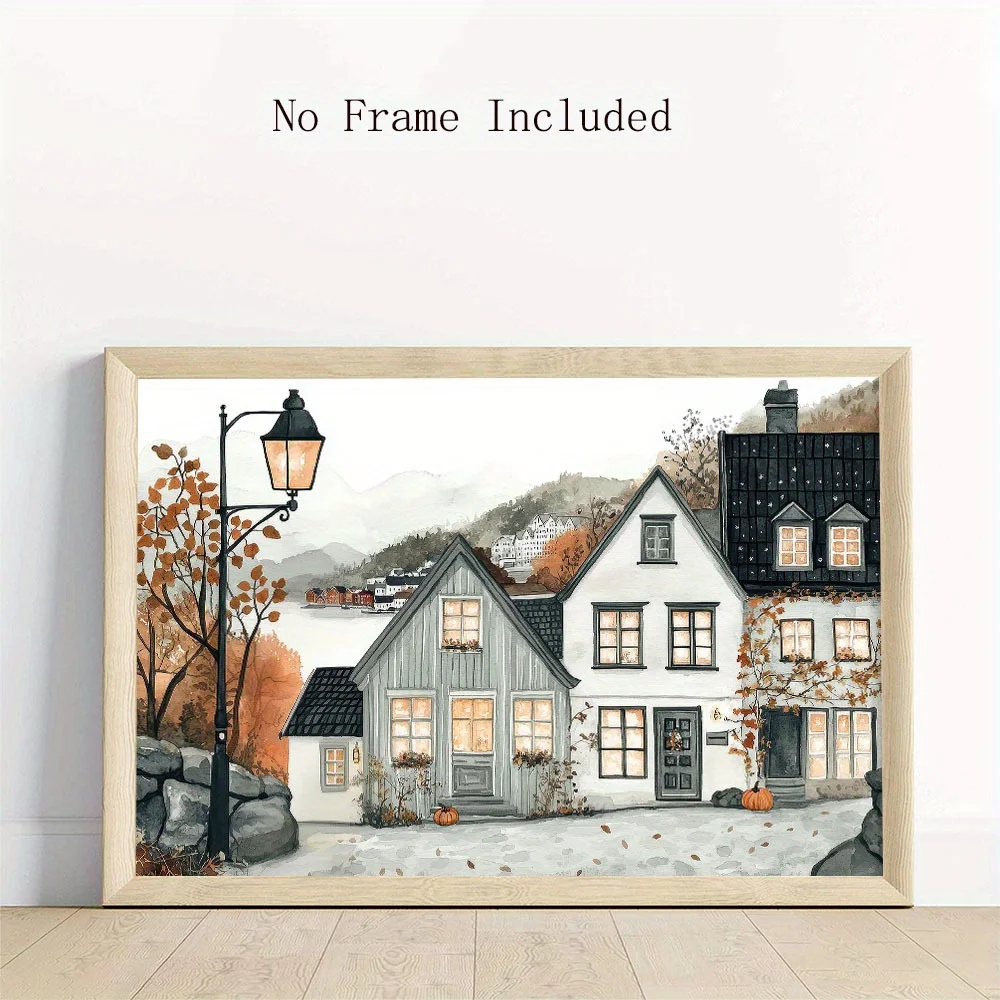 1pc Unframed Canvas, Cozy Bergen Autumn Art Print, Watercolor Norway Poster, Wall Decor, Wooden Houses Canvas, Fall Village I