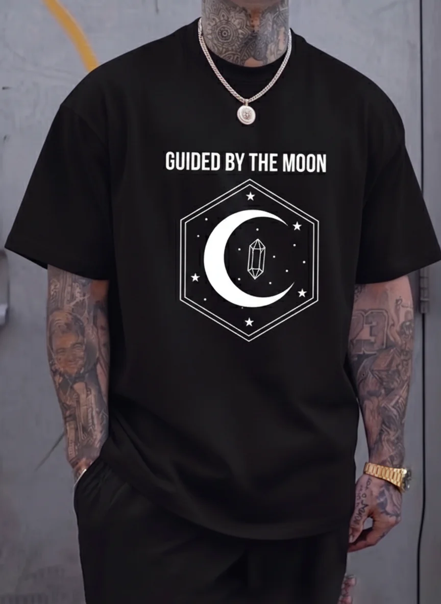 

Guided by the Moon Crescent Crystal Graphic Tee Black Printed Tee with White Moon and Crystal Inside Geometric Hexagon Badge