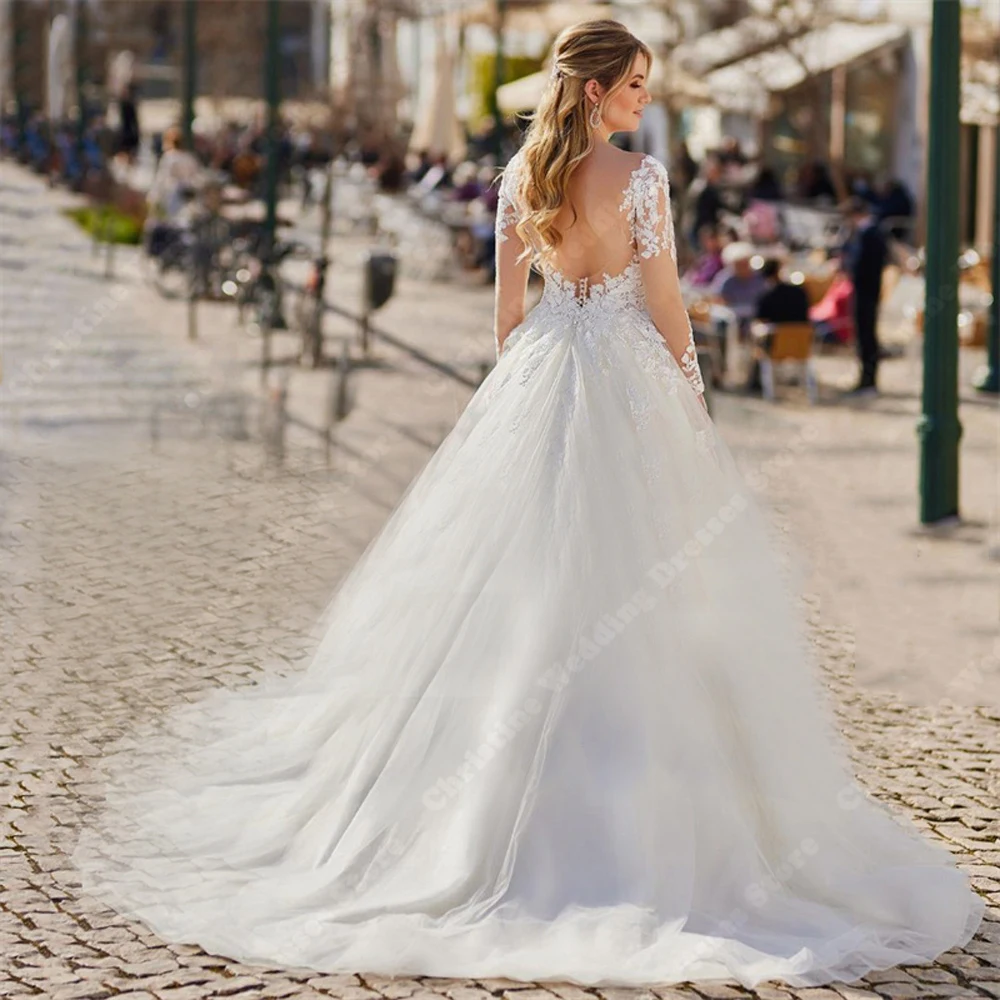 Vestidos De Novia elegantes para mujer, Vestidos De Novia con apliques De encaje, manga larga, línea A, cuello De corazón Formal, fiesta, nuevo