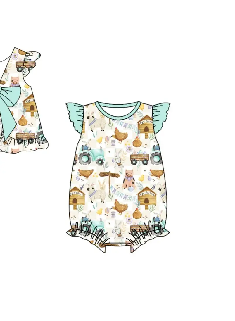High Quality Girl Farm Animal Print Set Summer Bow Toddler Short Outfits With Baby Romper