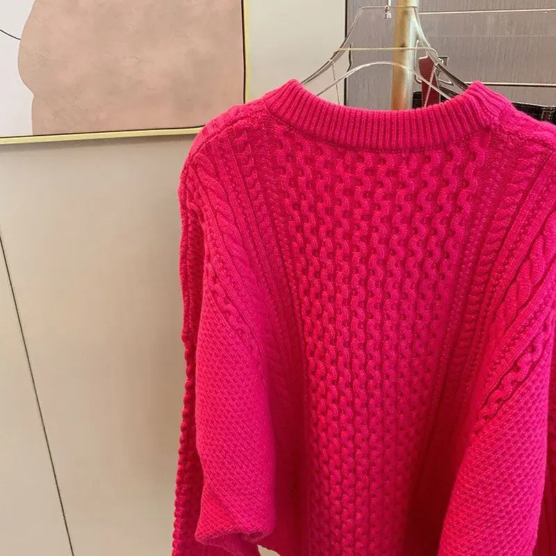 Korejpaa Pull Femme Elegant Rose Pink Heart Knitted Sweater Top Korean Fashion Round Neck Solid Pullover Clothes Autumn Winter