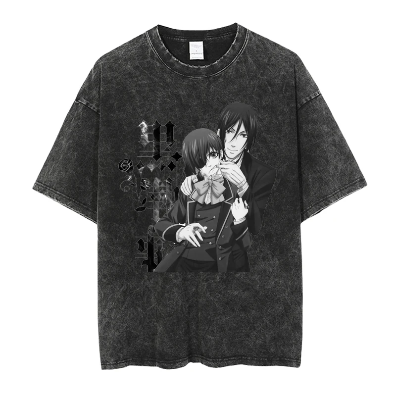 أنيمي الأسود بتلر ميكايليس سيباستيان كول طباعة المحملة الرجال النساء مانغا القطن بلايز خمر غسلها المحملة Harajuku الذكور تي شيرت