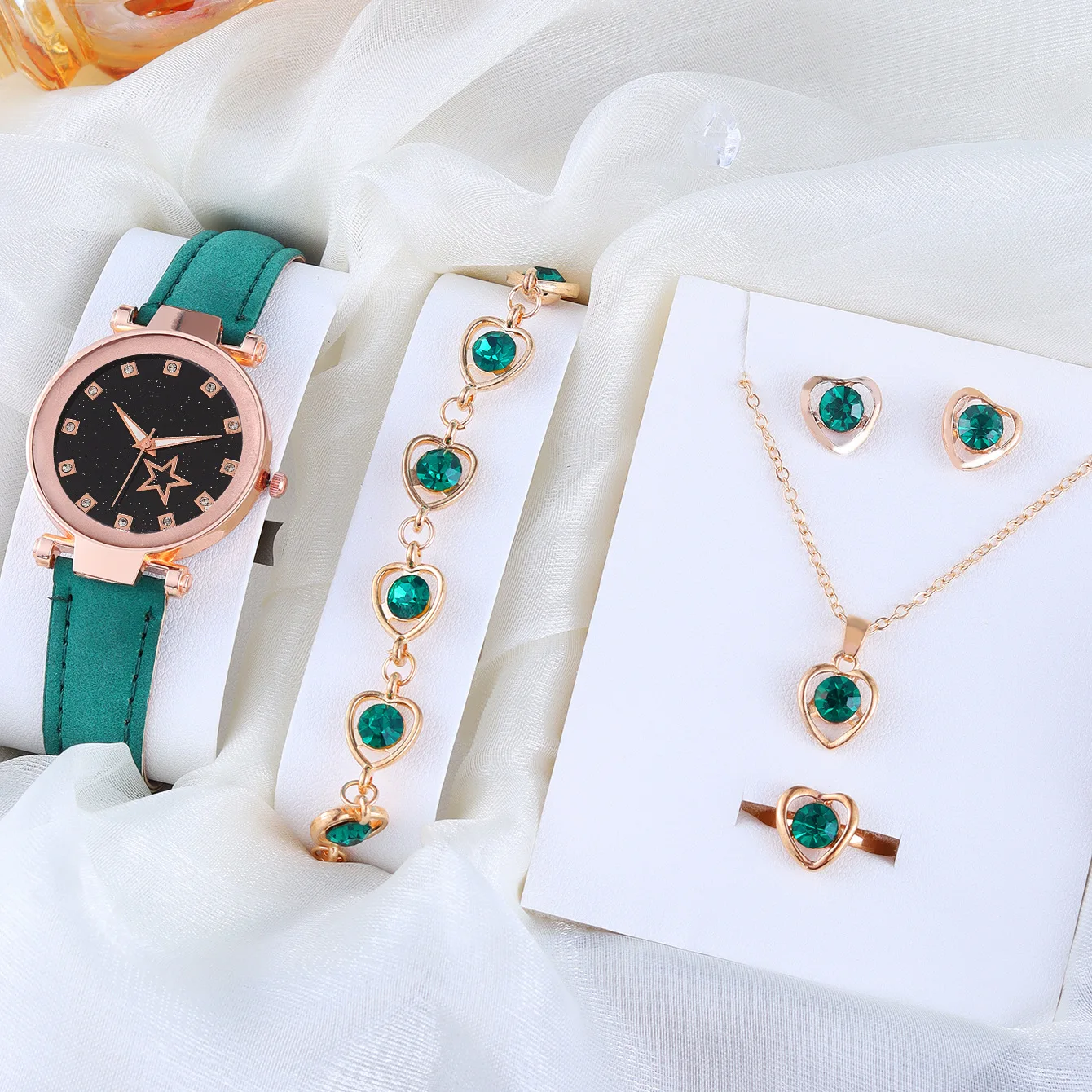 6 Piece Set New Women's Leather Star Rhinestone Girls Watch Quartz Watch + Necklace + Bracelet + Ring and Earrings casual watch