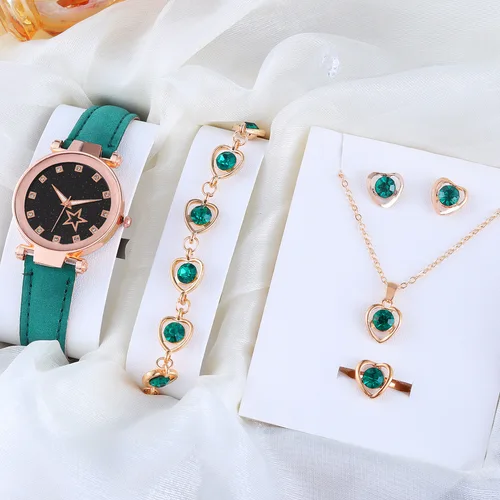 Conjunto de 6 piezas de reloj de cuarzo con diamantes de imitación y estrella de cuero para mujer, reloj informal con collar, pulsera, anillo y pendientes