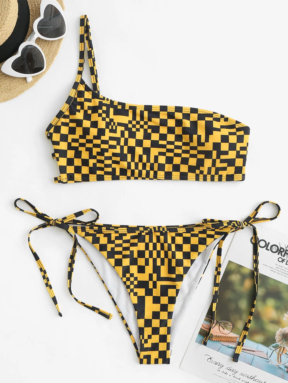 ZAFUL One Shoulder Checkerboard Tie Ladder Cutout Bikini Swimwear