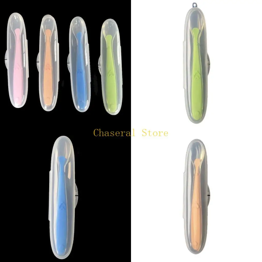 

E7CE Детская мягкая силиконовая ложка с коробкой для хранения Ложка ярких цветов Детская ложка для еды