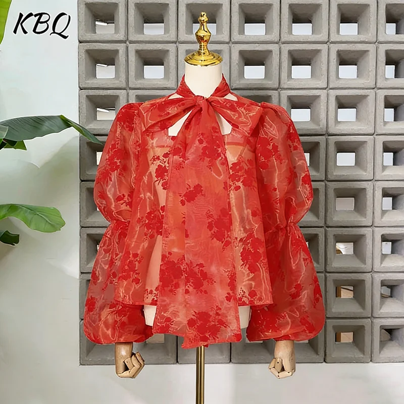 

KBQ Elegant Floral Printing Hollow Out Shirt for Women Scarf Collar Long SleeveSheer Mesh Sexy Solid Chic Blouse Female Fashion