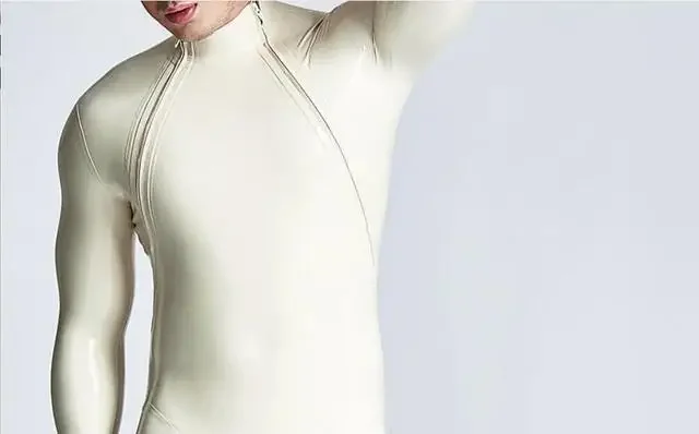 

100% Natural Latex Jumpsuit Male Shoulder-Zip Catsuit Double-Diagonal Zipper Rubber Bodysuits