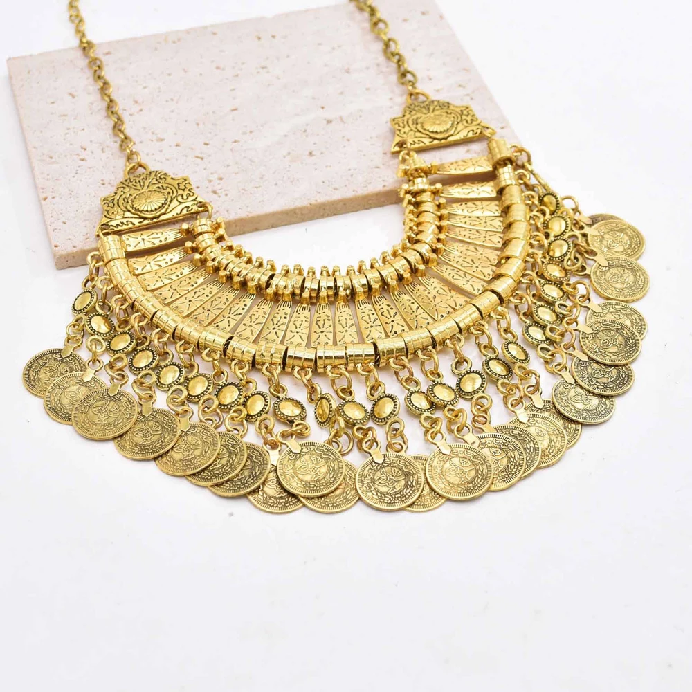 Traditionelle indische afghanische pakistanische ethnische Münzen Quaste Halsband Halskette Vintage goldene Legierung Münzen Kragen Damen Halsschmuck – Detail 14