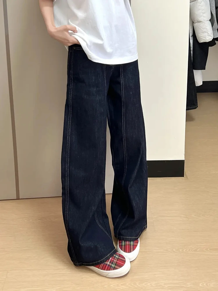 Denoim Blue Seamed Lightweight Loose Wide Leg Jeans American Style Teenage Casual Wear Resistant Vintage High Waist Jeans