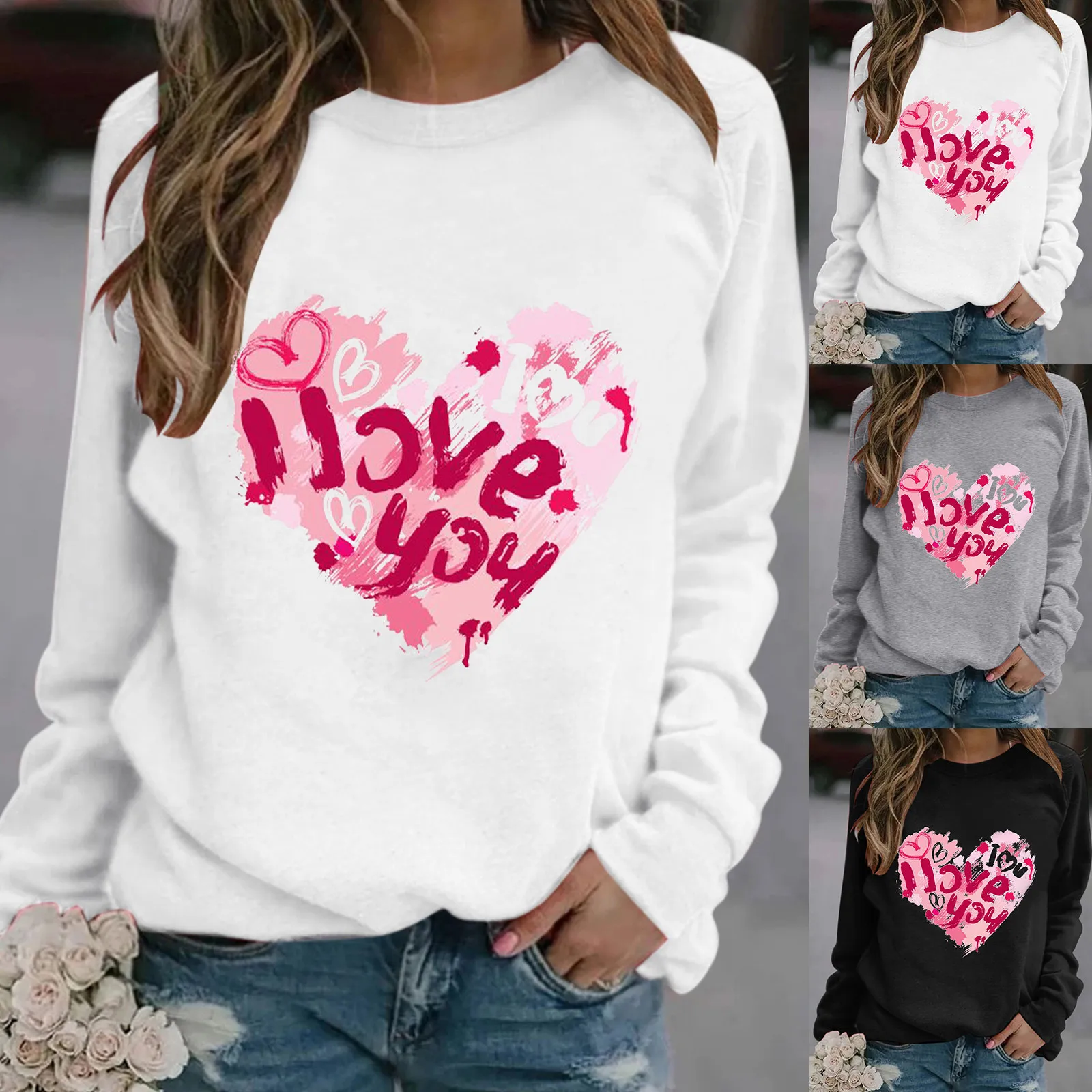 

Ladies Sweatshirts with Hoods Women's Top Blouses Valentine's Day Heart Print Long-sleeved Sweatshirt Casual O Neck Hoodies Him