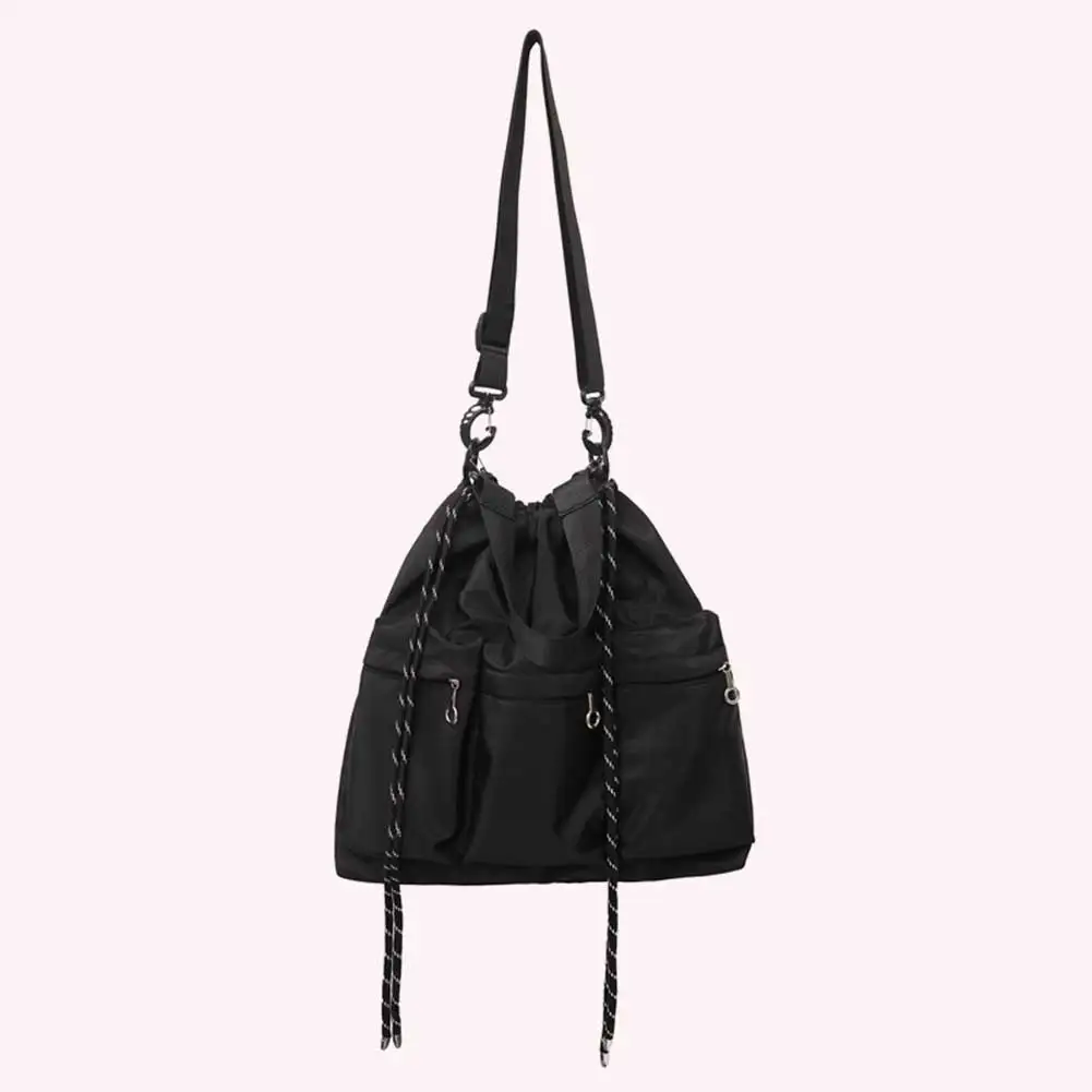 

Unisex Black Crossbody Bag Oxford Cloth Drawstring Tote Handbag Multi-pocket Lage Capacity Versatile Leisure Bag for Women Men