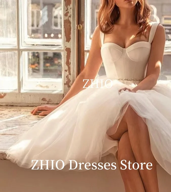 ZHIO Princess Wedding Party Dress Sweetheart Spaghetti Strap A-Line Ivory Tulle Beading Formal Occasion Evening Gown Customized