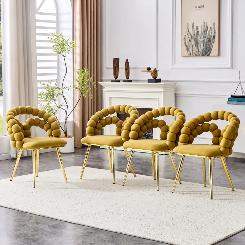 Set of 4 Yellow Puffy Bubble Dining Chairs Velvet Upholstered Gold Legs Modern Accent Chairs for Dining Room Kitchen