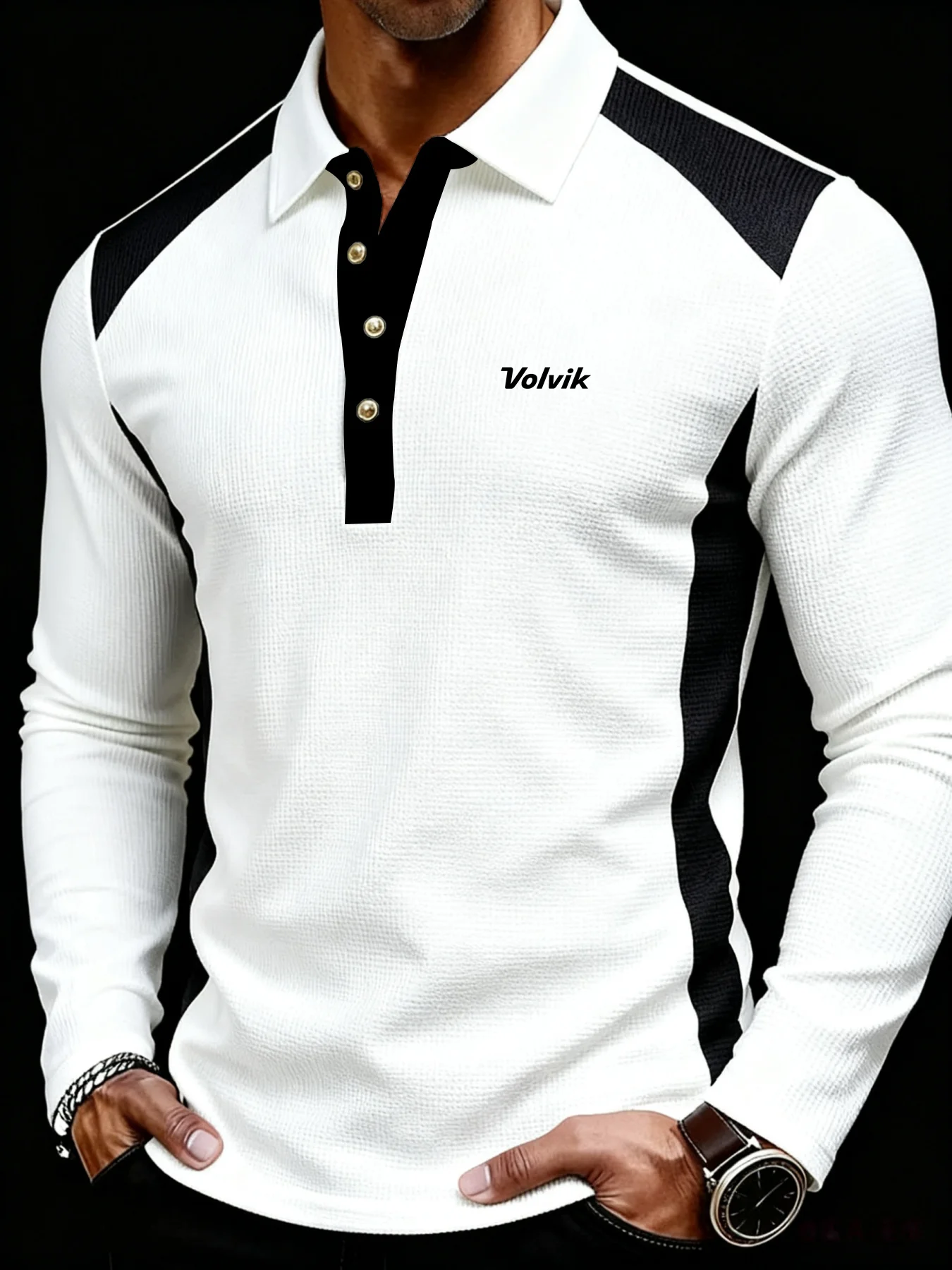 Polo à manches longues en tricot gaufré pour homme Volvik, coupe ajustée, color block, polo de golf 
