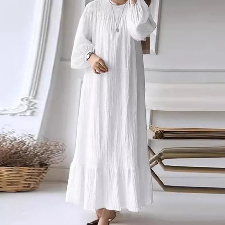 Women Fashion O Neck Long Sleeve Muslim Abaya Dress Vintage Solid Ruffles Hem Sundress Robe Femme Turkey Vestido Kaftan